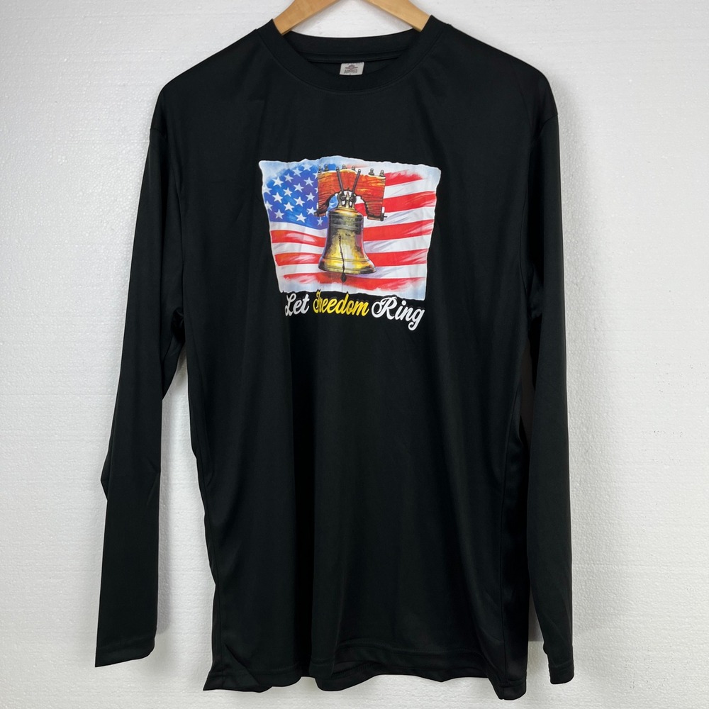 Men's L Black Long Sleeve 'Let Freedom Ring' USA Flag Liberty Bell‎ Shirt